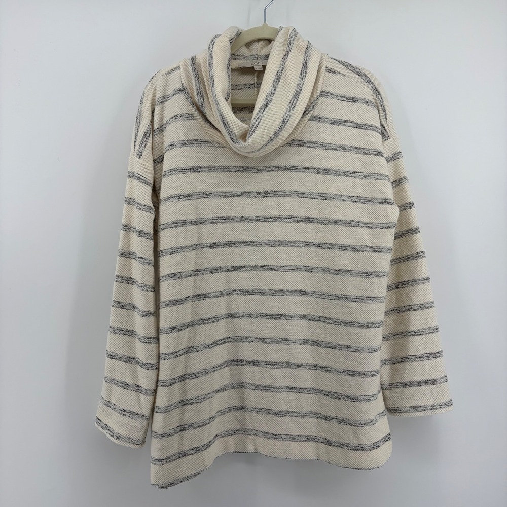LOFT Women M Sweater Cream Striped Cowl Neck Relaxed Fit Coastal Grandma Cozy